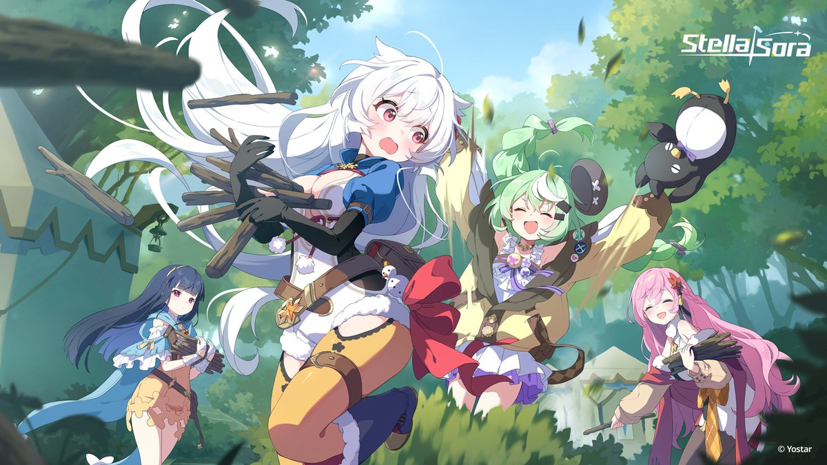 fuyuka (stella sora), kaede (stella sora), nazuna (stella sora), sherlock (stella sora), stella sora, commentary, english commentary, official art, 4girls, black gloves, black pantyhose, blue boots, blue hair, blue sky, boots, breasts, cleavage, closed eyes, closed mouth, cloud, elbow gloves, gloves, green hair, hair ornament, holding, jumping, large breasts, long hair, long sleeves, looking at viewer, multicolored hair, multiple girls, open mouth, outdoors, pantyhose, pink hair, puffy short sleeves, puffy sleeves, short sleeves, sky, smile, streaked hair, thigh strap, white gloves, white hair