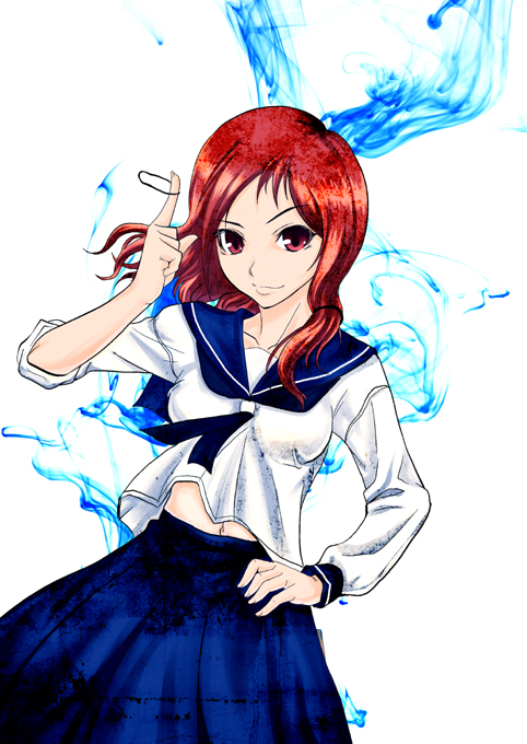 beniimo danshaku, takei hisa, saki (manga), 00s, 1girl, bob cut, clothes lift, dutch angle, female focus, hairband, hand on own hip, hip focus, midriff, navel, red eyes, red hair, school uniform, serafuku, shirt lift, short hair, skirt, smile, solo