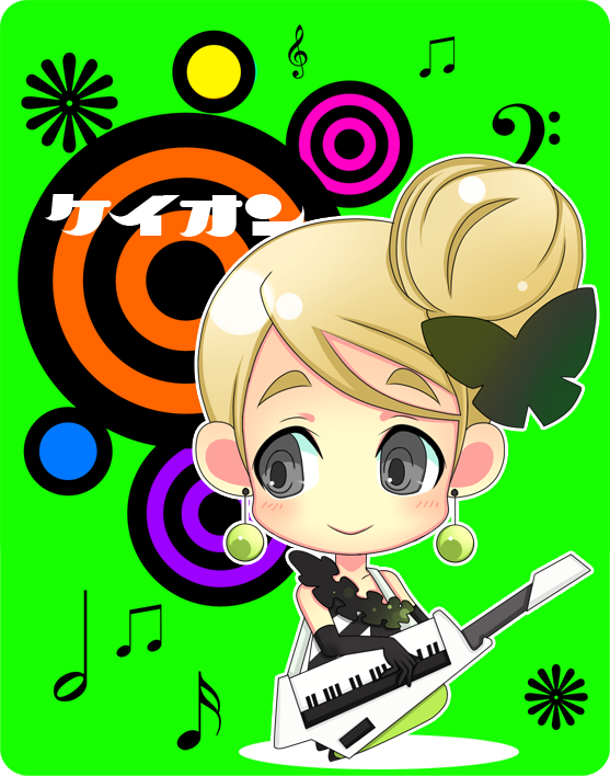 d (pixiv544157), kotobuki tsumugi, don't say "lazy", k-on!, eyebrows, bad id, bad pixiv id, 00s, 1girl, blonde hair, chibi, earrings, female focus, grey eyes, hair bun, hair ornament, instrument, jewelry, keyboard, keytar, musical note, pantyhose, rounded corners, short hair, single hair bun, smile, solo