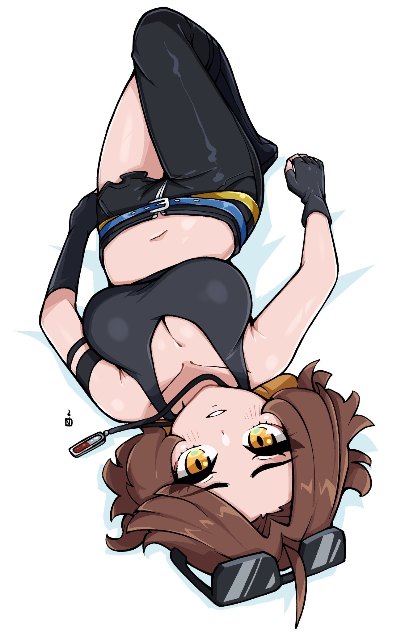 oninuer, original, commentary, commission, english commentary, highres, 1girl, ahoge, asymmetrical clothes, asymmetrical gloves, black gloves, black pants, black tank top, breasts, brown hair, cleavage, crop top, eyewear on head, fingerless gloves, full body, gloves, jewelry, large breasts, looking at viewer, lying, midriff, necklace, on back, pants, parted bangs, parted lips, short hair, single pantsleg, solo, sunglasses, tank top, upside-down, white background, yellow eyes