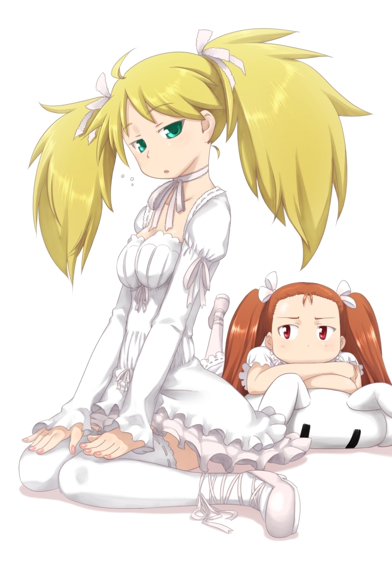 ttomm, hoshii miki, minase iori, idolmaster, idolmaster (classic), idolmaster 1, 00s, 2girls, alternate hairstyle, blonde hair, brown hair, dress, green eyes, hair ribbon, kneeling, long hair, lying, multiple girls, red eyes, ribbon, stuffed animal, stuffed rabbit, stuffed toy, thighhighs, twintails, white thighhighs