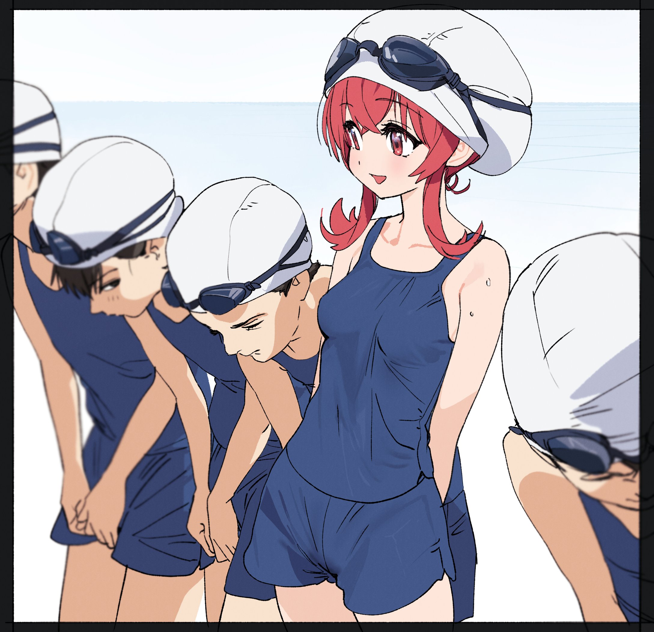 dorontabi, komiya kaho, idolmaster, idolmaster shiny colors, bad id, bad twitter id, highres, 1girl, 4boys, arms behind back, black hair, blurry, bowing, breasts, depth of field, goggles, goggles on headwear, multiple boys, open mouth, red eyes, red hair, sideways glance, simple background, swim cap, swimsuit, white background