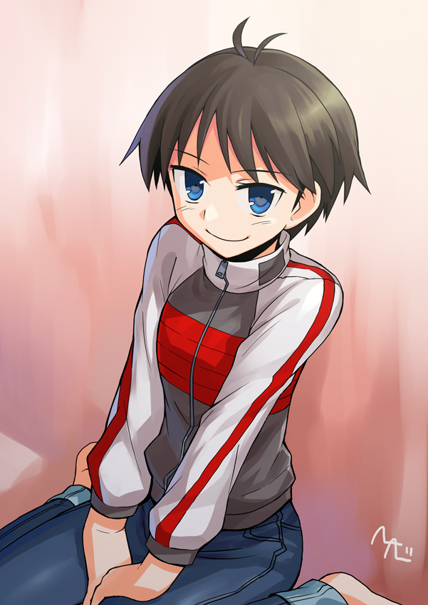 heebee, kikuchi makoto, idolmaster, idolmaster (classic), idolmaster 1, 00s, 1girl, antenna hair, barefoot, blue eyes, blush, brown hair, denim, female focus, happy, jeans, kneeling, pants, raglan sleeves, short hair, smile, solo
