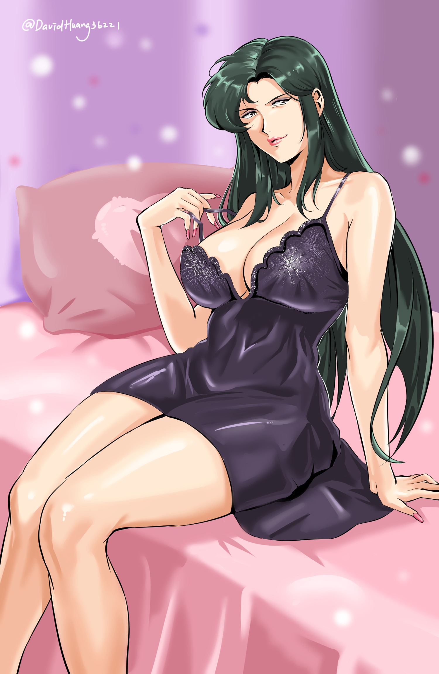 david huang, cima garahau, gundam, gundam 0083, mobile suit gundam, highres, bare legs, bare shoulders, bed, breasts, cleavage, green eyes, green hair, large breasts, lipstick, long hair, looking at viewer, makeup, mature female, nail polish, on bed, sleepwear, solo