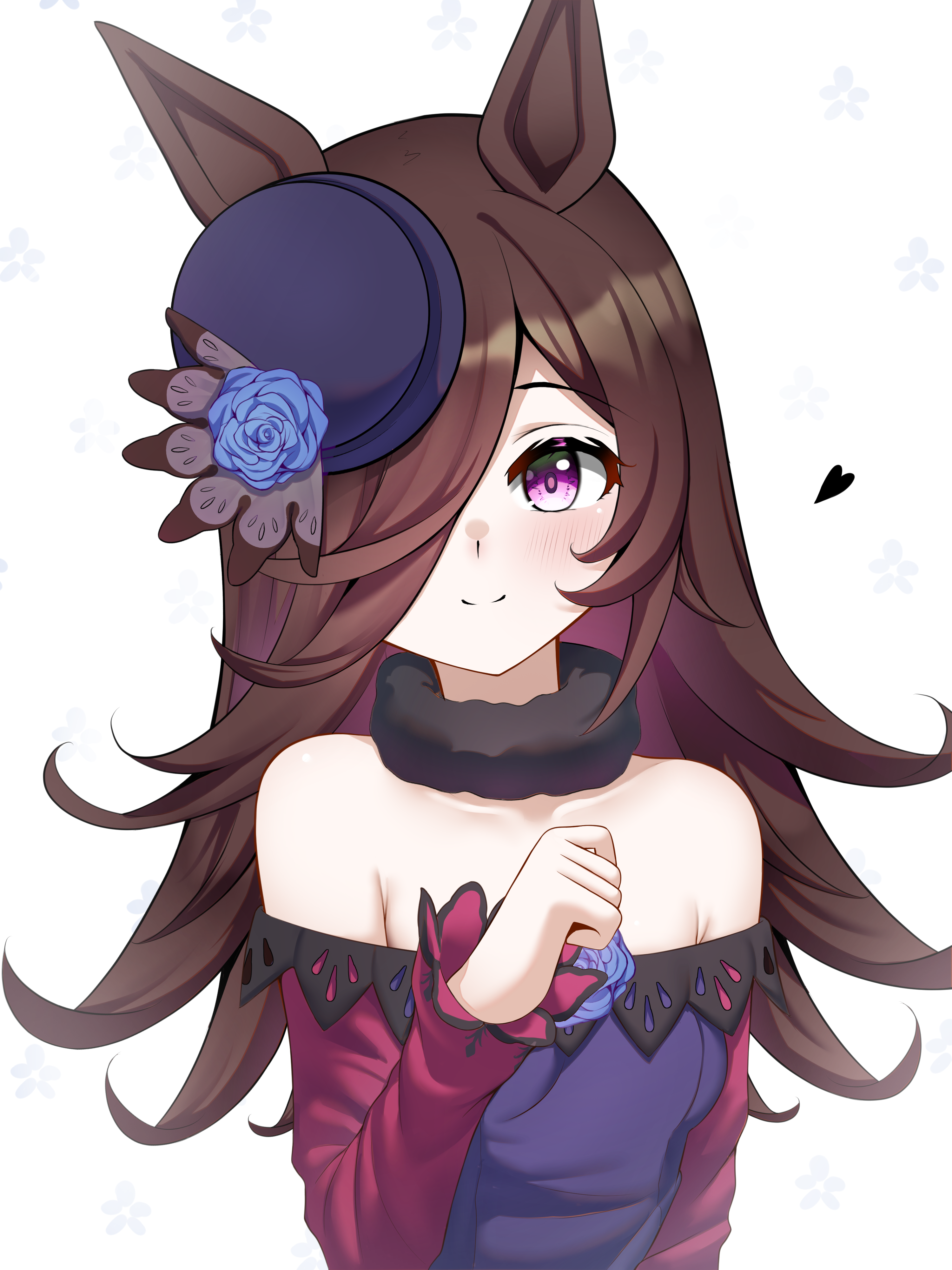 knosdeba, rice shower (rosy dreams) (umamusume), rice shower (umamusume), umamusume, absurdres, commentary, english commentary, highres, variant set, 1girl, animal ears, armpit crease, blue hat, blush, bowler hat, breasts, brown hair, closed mouth, dress, floral background, flower, hair over one eye, hat, hat flower, heart, horse ears, horse girl, long hair, looking at viewer, off-shoulder dress, off shoulder, purple eyes, small breasts, smile, solo, strapless, strapless dress, tilted headwear, upper body, white background