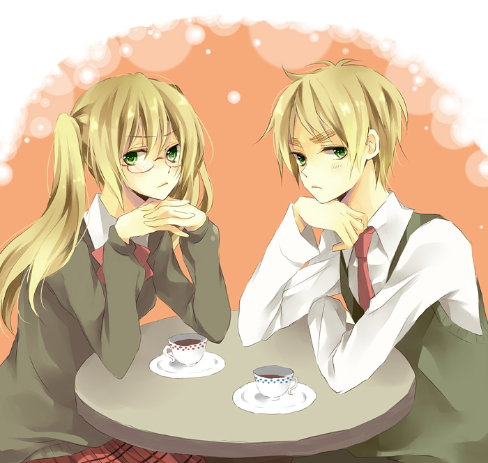 karu, yuzuki karu, united kingdom (hetalia), axis powers hetalia, bad id, bad pixiv id, gender request, 00s, 1boy, 1girl, blonde hair, cup, dual persona, genderswap, glasses, green eyes, long hair, necktie, own hands clasped, own hands together, plaid clothes, plaid skirt, school uniform, short hair, sitting, skirt, table, teacup, twintails