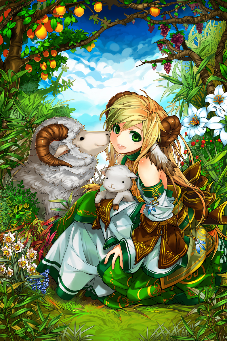 nakbe, nagi (tartaros online), tartaros online, bad id, bad pixiv id, 1girl, animal ears, baby animal, bare shoulders, blonde hair, choker, daffodil, female focus, flower, food, fruit, grapes, green eyes, head wings, horns, lamb, lemon, lily (flower), long hair, nature, plant, sheep, sheep ears, solo, wings