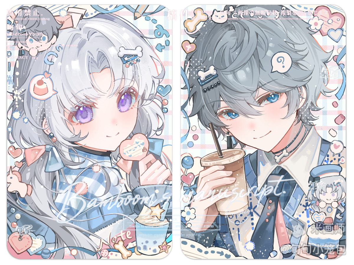 original, 1boy, 1girl, ?, blue eyes, blue necktie, blue shirt, bone hair ornament, border, closed mouth, collared shirt, cup, drinking straw, food, grey hair, hair between eyes, hair ornament, holding, holding cup, long hair, long sleeves, necktie, parted bangs, portrait, pudding, purple eyes, shirt, short hair, smile, spoken food, spoken question mark, watermark, white border, white hair, xun xun xiaolongbao