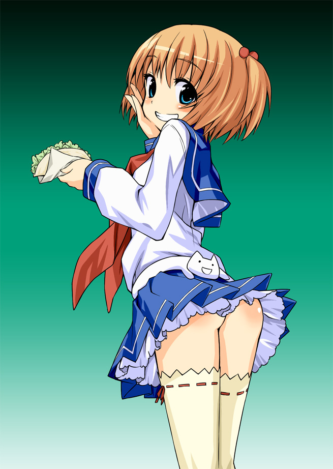 tougarashi, kataoka yuuki, saki (manga), 00s, 1girl, ass, blonde hair, blue eyes, blush, brown hair, female focus, from behind, gradient background, green background, grin, hair bobbles, hair ornament, lingerie, looking back, miniskirt, no panties, petticoat, pleated skirt, school uniform, serafuku, short hair, skirt, smile, solo, standing, taco, thighhighs, two side up, underwear, white thighhighs, zettai ryouiki