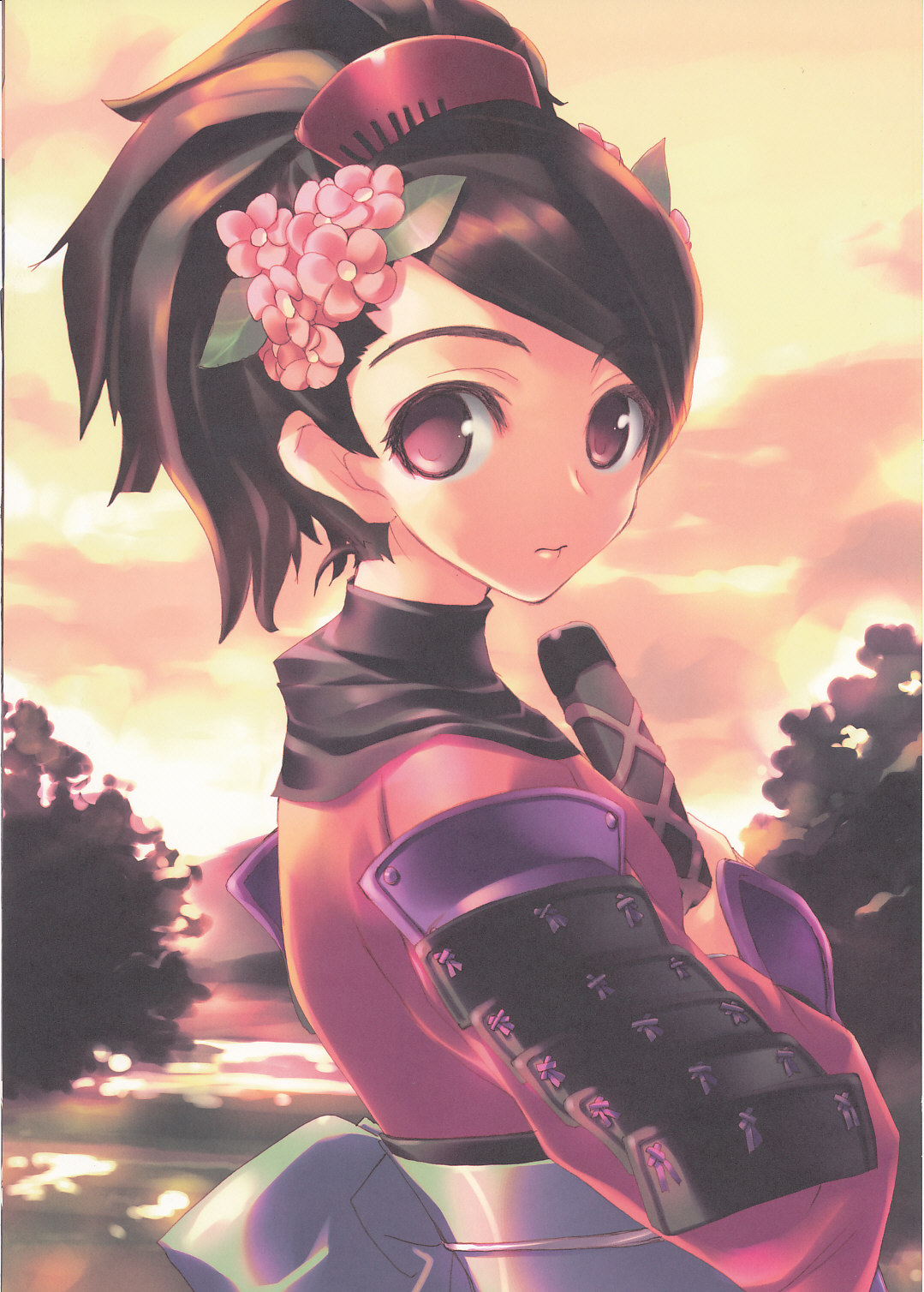 amazuyu tatsuki, momohime, oboro muramasa, vanillaware, artist request, highres, scan, 1girl, armor, black hair, evening, female focus, flower, hair ornament, hairclip, japanese clothes, solo, sword, weapon