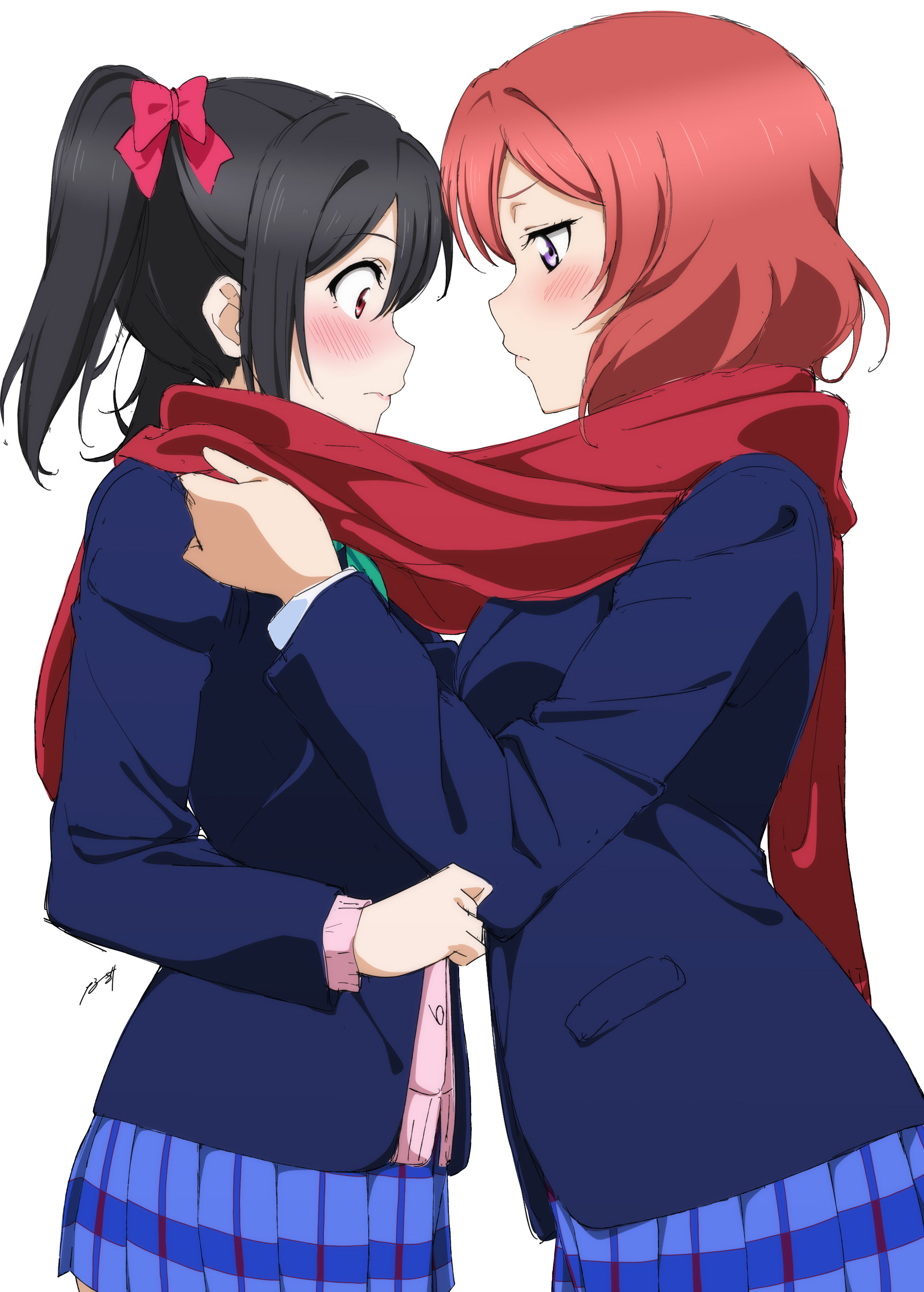 nagi mkrnpn, nishikino maki, yazawa nico, love live!, love live! school idol project, absurdres, commentary, highres, 2girls, black hair, blush, bow, breasts, cardigan, closed mouth, from side, layered clothes, long sleeves, looking at another, multiple girls, otonokizaka school uniform, pink bow, pink cardigan, pleated skirt, pocket, profile, purple eyes, red hair, red scarf, scarf, school uniform, shared clothes, shared scarf, short twintails, simple background, skirt, twintails, white background, yuri