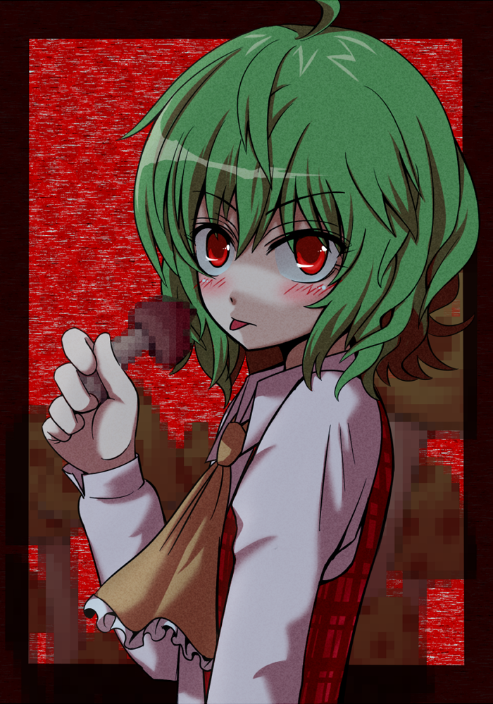 tori rui, kazami yuuka, touhou, 1girl, ascot, censored, censored food, fake censor, female focus, green hair, mushroom, plaid clothes, plaid vest, red eyes, sexually suggestive, short hair, solo, tongue, vest