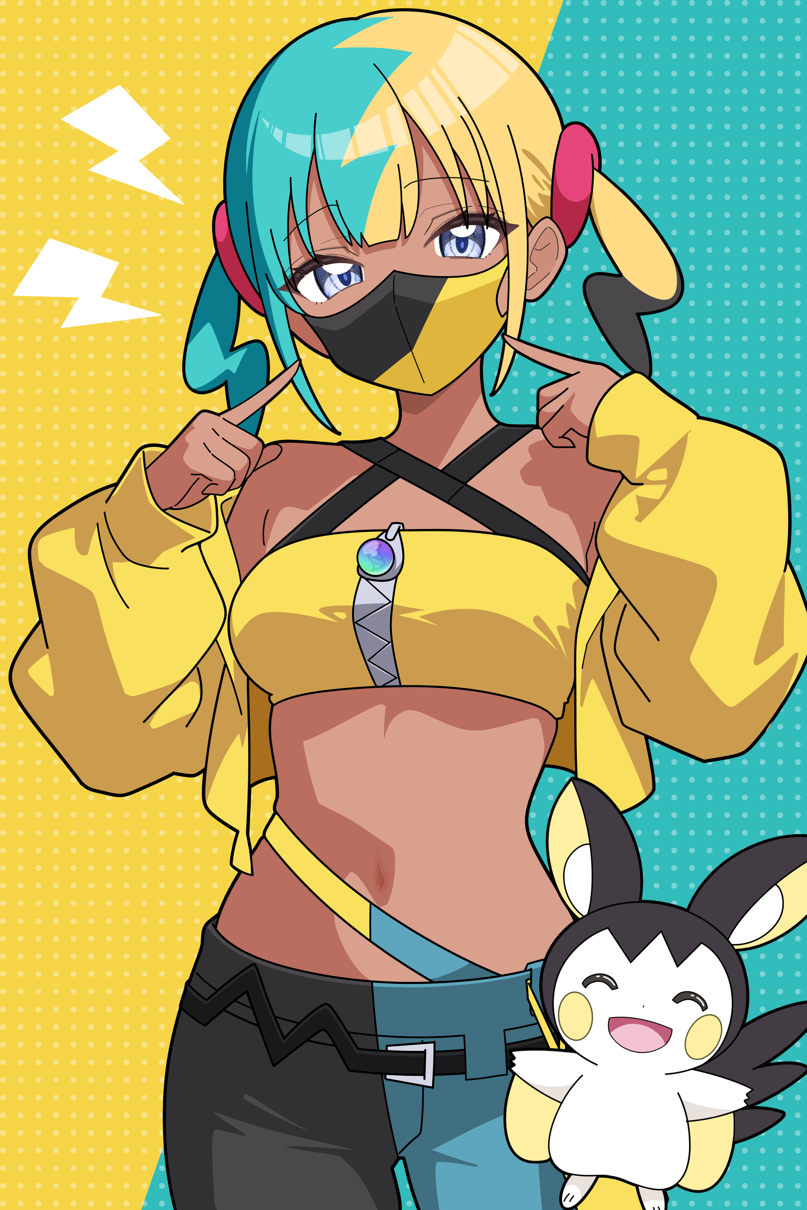 odorukaminoke, canari (pokemon), emolga, nintendo, pokemon, pokemon legends: z-a, absurdres, highres, 1girl, :d, ^ ^, aqua background, aqua hair, aqua pants, black hair, black mask, black pants, blonde hair, blue eyes, closed eyes, creature request, dark-skinned female, dark skin, gen 5 pokemon, jacket, looking at viewer, mask, mouth mask, navel, open mouth, pants, pokemon (creature), polka dot, polka dot background, smile, sports bra, standing, twintails, two-tone mask, two-tone pants, yellow background, yellow jacket, yellow mask, yellow sports bra