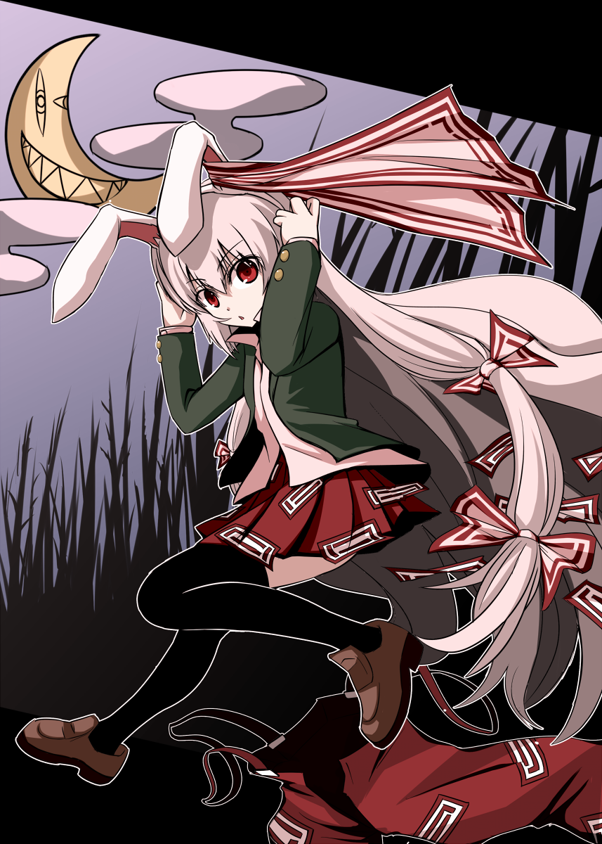 tori rui, fujiwara no mokou, reisen udongein inaba, touhou, highres, 1girl, :o, animal ears, black thighhighs, blazer, bow, cosplay, dress shirt, female focus, hair bow, hair ornament, hairband, jacket, long hair, look-alike, miniskirt, moon, multi-tied hair, multiple hair bows, pleated skirt, rabbit ears, red eyes, reisen udongein inaba (cosplay), shirt, shoes, skirt, solo, thighhighs, very long hair, white hair, zettai ryouiki