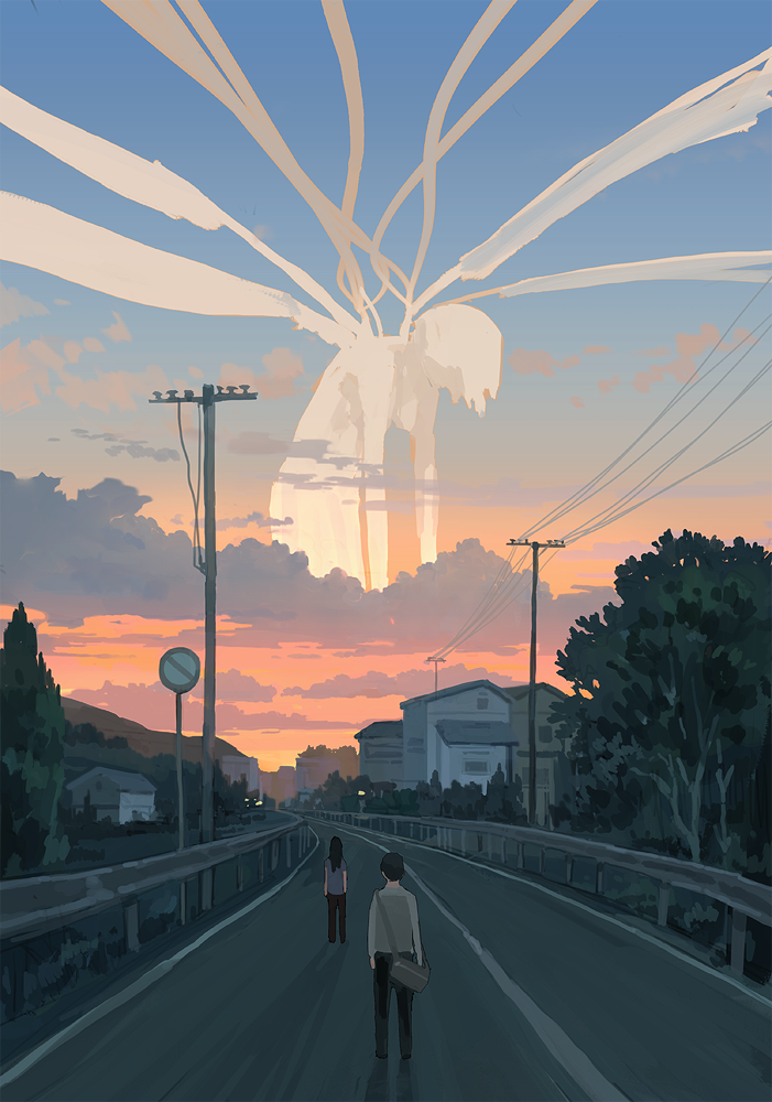 denis istomin, ayanami rei, lilith (ayanami rei), neon genesis evangelion, the end of evangelion, commentary, english commentary, 1boy, 2girls, bag, black hair, black pants, breasts, building, cloud, colored skin, giant, giantess, hunched over, long sleeves, medium breasts, mountainous horizon, multiple girls, nipples, nude, pants, power lines, railing, red pants, road, road sign, scenery, school bag, shirt, short sleeves, sign, standing, street, sunset, t-shirt, tentacles, town, tree, white hair, white shirt, white skin