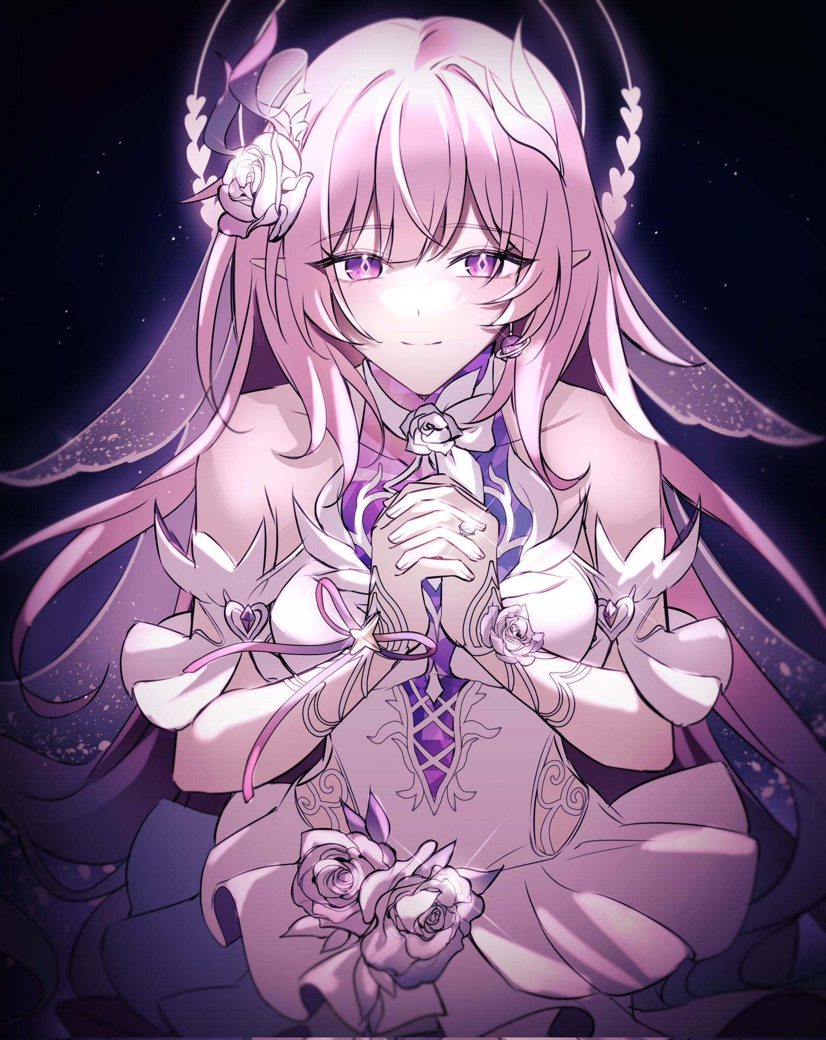 cyrene (honkai: star rail), cyrene (ripples of past reverie) (honkai: star rail), honkai: star rail, honkai (series), corrupted twitter file, hashtag-only commentary, highres, 1girl, bare shoulders, breasts, bridal veil, cheeesecaaaakee, diamond-shaped pupils, diamond (shape), dress, earrings, flower, hair flower, hair ornament, halo, jewelry, large breasts, long hair, looking at viewer, own hands together, pink hair, pointy ears, purple eyes, sky, solo, star (sky), starry sky, symbol-shaped pupils, veil, very long hair, white dress