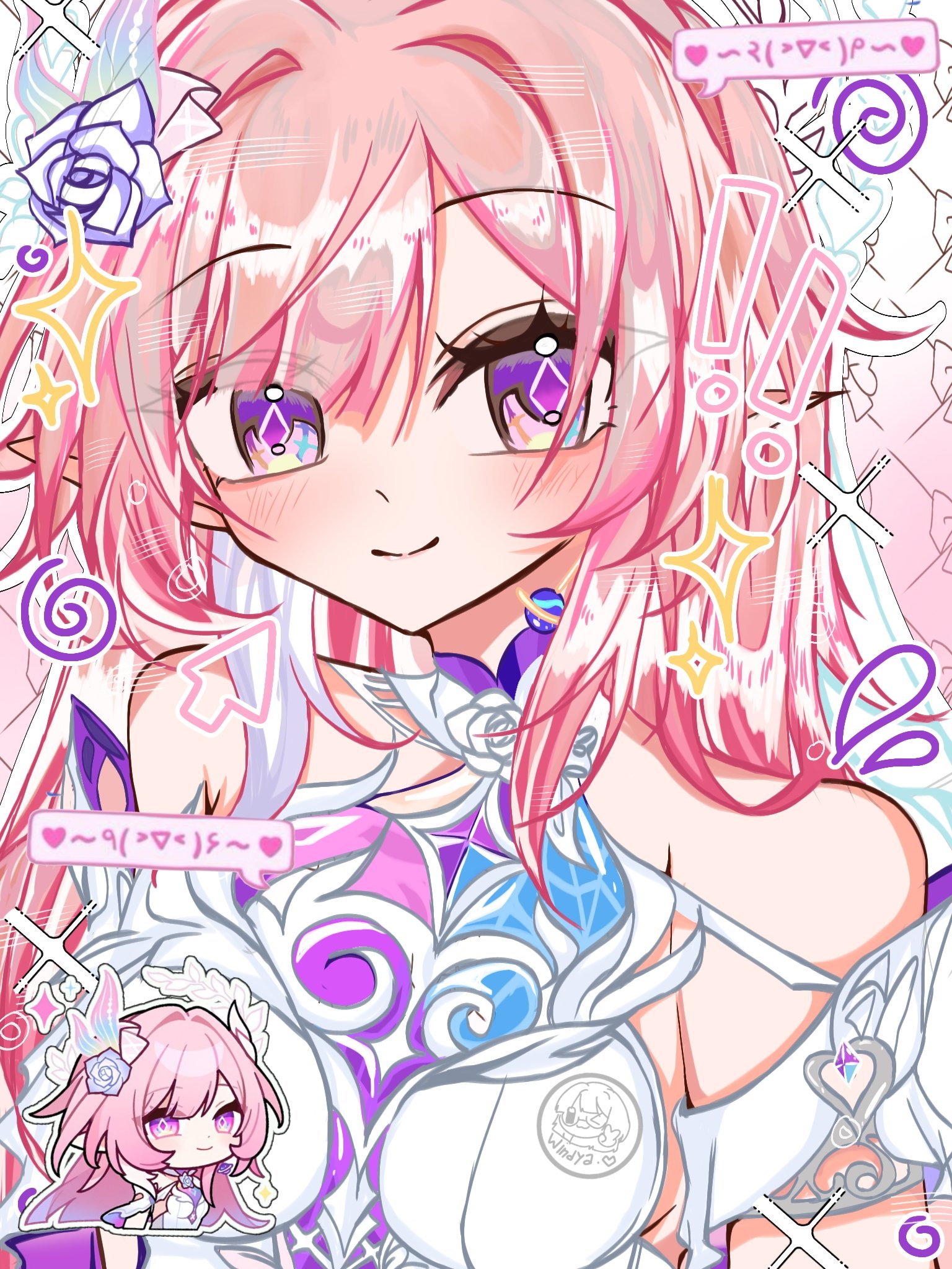 cyrene (honkai: star rail), cyrene (ripples of past reverie) (honkai: star rail), honkai: star rail, honkai (series), hashtag-only commentary, highres, 1girl, aleaczk, bare shoulders, breasts, chibi, chibi inset, diamond-shaped pupils, diamond (shape), dress, flower, hair flower, hair ornament, large breasts, long hair, looking at viewer, multicolored hair, pink hair, pointy ears, purple eyes, smile, solo, symbol-shaped pupils, two-tone hair, upper body, very long hair, white dress, white hair