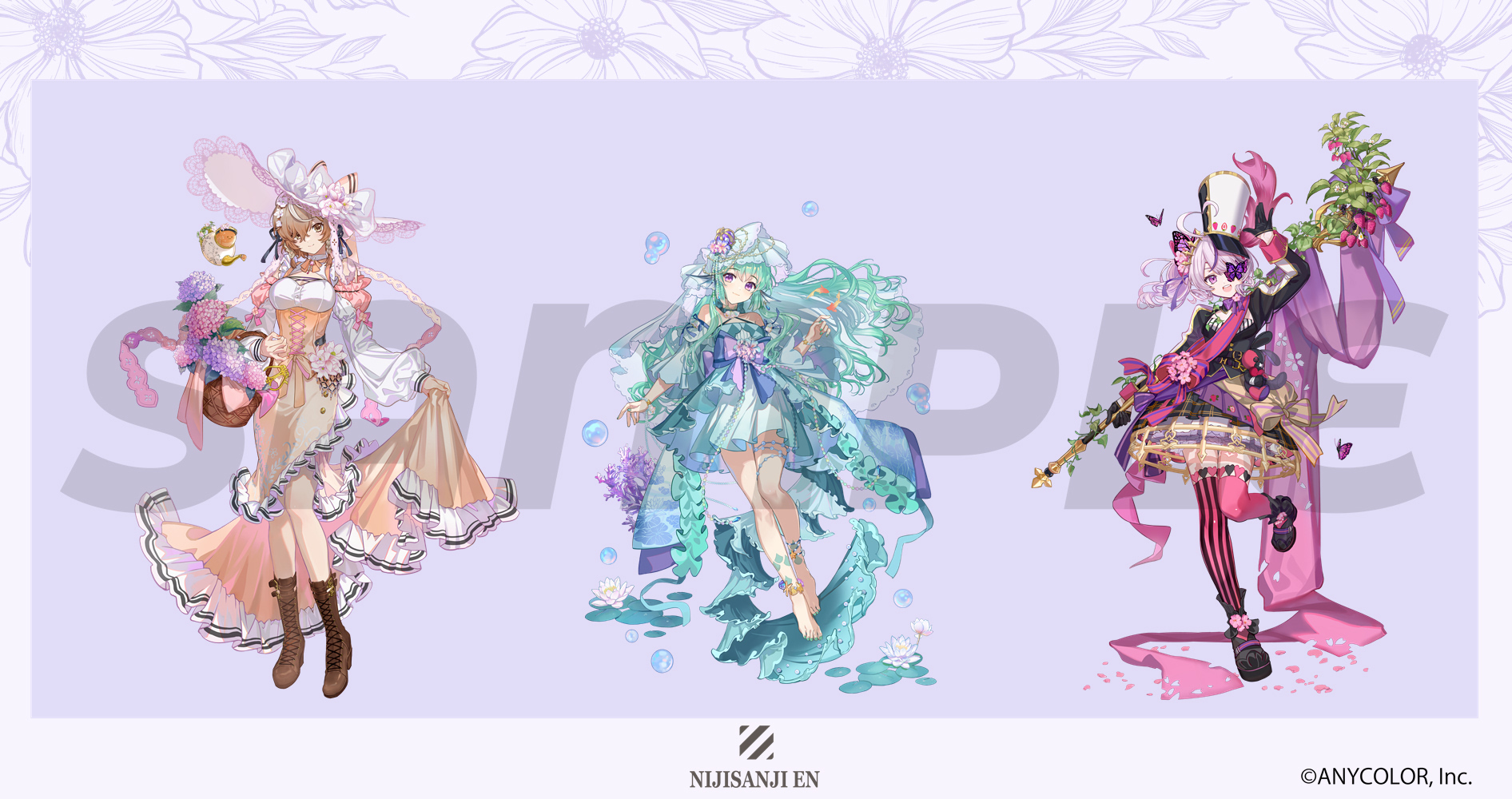 hitokoto, finana ryugu, klara charmwood, maria marionette, sir ventrilo (maria marionette), nijisanji, nijisanji en, highres, official art, 3girls, :d, ||/, ahoge, alternate costume, anklet, aqua dress, aqua nails, arched crown, arm at side, asymmetrical legwear, bare shoulders, barefoot, basket, bead bracelet, beads, belt, belt buckle, black belt, black dress, black hat, black jacket, black ribbon, black shoes, blue bow, blue flower, blue ribbon, blunt sidelocks, boots, border, bow, bowtie, bracelet, braid, breasts, brown boots, brown eyes, brown hair, bubble, buckle, bug, butterfly, butterfly hair ornament, butterfly over eye, cherry blossoms, cleavage, cleavage cutout, clothing cutout, copyright name, copyright notice, coral, corset, crinoline, criss-cross halter, crown, dress, dress bow, dress shirt, fins, fish, fish girl, flag, floating, floating hair, floating object, floral dissolve, floral print, flower, flower ornament, flying fish, flying sweatdrops, food, food print, footwear flower, framed breasts, frilled dress, frills, fruit, fruit print, full body, gardening shears, gloves, green hair, hair between eyes, hair flower, hair ornament, hair ribbon, half gloves, halterneck, hand up, hat, hat bow, hat feather, hat flower, head fins, heart, heart ahoge, heart print, holding, holding basket, holding flag, hyacinth, hydrangea, insect, jacket, jewelry, juliet sleeves, kouchama (klara charmwood), lace-trimmed headwear, lace-up boots, lace trim, layered dress, leaf print, lily pad, lineup, long hair, long sleeves, looking at viewer, magnolia, medium breasts, medium dress, medium hair, mini crown, mismatched legwear, multicolored hair, multiple belts, multiple girls, nail polish, neck ribbon, off-shoulder dress, off shoulder, one eye covered, open mouth, orange bow, orange corset, orange dress, orange nails, orange ribbon, overskirt, pearl hair ornament, pencil dress, petals, pinafore dress, pink bow, pink butterfly, pink eyes, pink flower, pink hair, pink ribbon, pink sash, pink thighhighs, plaid clothes, plaid dress, plant, platform shoes, puffy long sleeves, puffy sleeves, purple background, purple bow, purple bowtie, purple butterfly, purple eyes, purple flower, purple hair, purple overskirt, purple sash, purple skirt, ribbon, salute, sample watermark, sash, scales, scissors, shako cap, shirt, shoes, short dress, short hair, shoulder cutout, shoulder sash, side braids, side ponytail, sidelocks, simple background, skirt, skirt hold, sleeve bow, sleeve cuffs, sleeve ribbon, sleeveless, sleeveless dress, small breasts, smile, standing, standing on one leg, star bracelet, starfish, strawberry, strawberry blossoms, strawberry plant, strawberry print, streaked hair, striped bow, striped clothes, striped dress, striped thighhighs, stuffed animal, stuffed rabbit, stuffed toy, sun hat, teapot, thighhighs, thighlet, three-quarter sleeves, tilted headwear, toenail polish, toenails, train (clothing), two-tone headwear, veil, vertical-striped clothes, vertical-striped thighhighs, vines, virtual youtuber, waist bow, water lily flower, watermark, wavy hair, white border, white bow, white flower, white hair, white hat, white shirt, white veil, yellow bow, yellow sash