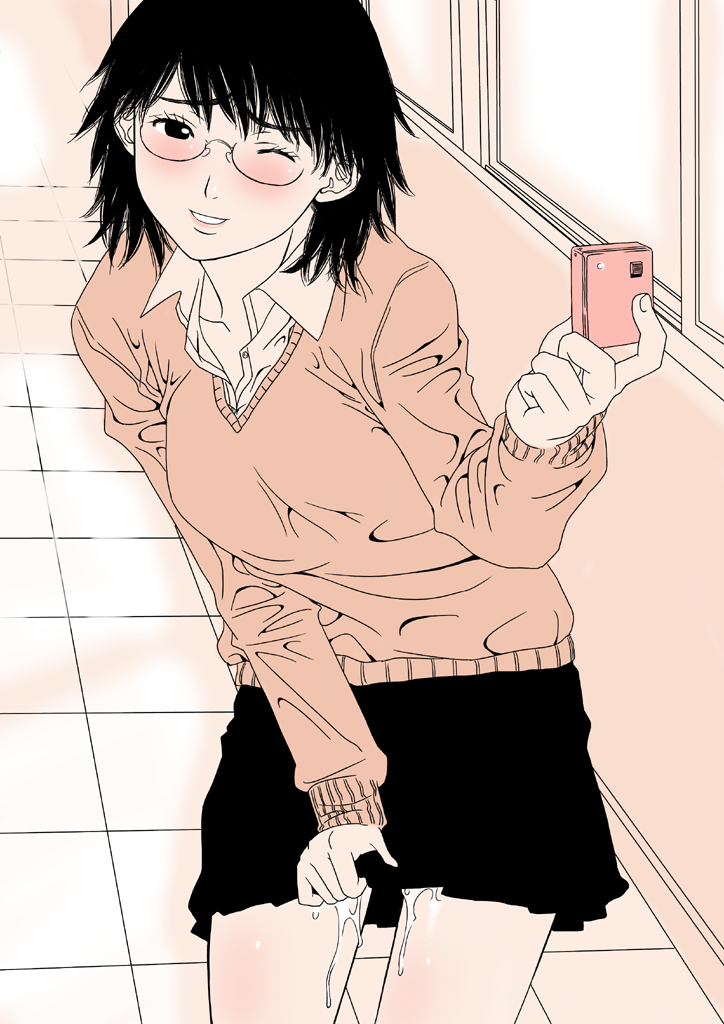 gusu, original, 1girl, black hair, blush, camera, discreet vibrator, female focus, glasses, one eye closed, photo (object), pink theme, public indecency, public vibrator, pussy juice, school uniform, sepia, sex toy, skirt, solo, sweater, vibrator, wink