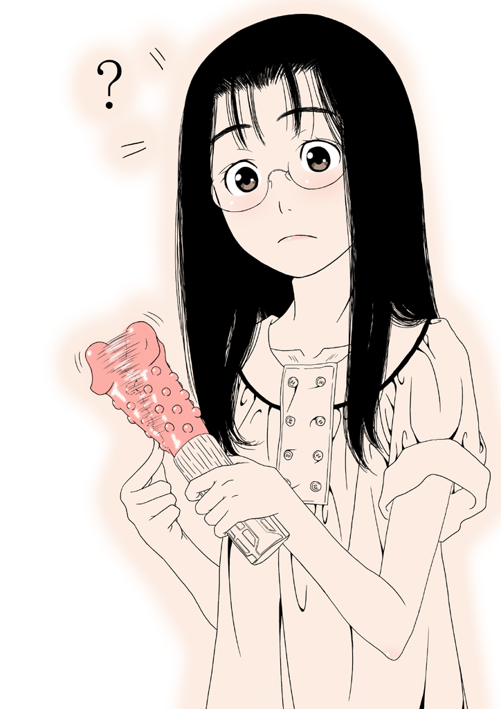gusu, original, 1girl, ?, afterimage, black hair, dildo, female focus, glasses, holding, holding sex toy, long hair, pink theme, poking, sepia, sex toy, solo, vibrator