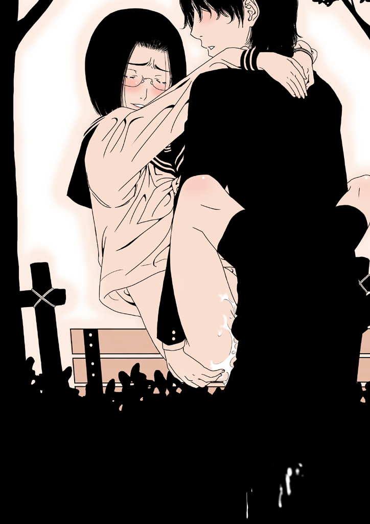 gusu, original, 1boy, 1girl, bottomless, cum, glasses, happy sex, held up, hetero, leg lock, monochrome, no panties, pink theme, public indecency, pussy juice, school uniform, sepia, serafuku, sex, short hair, standing, suspended congress