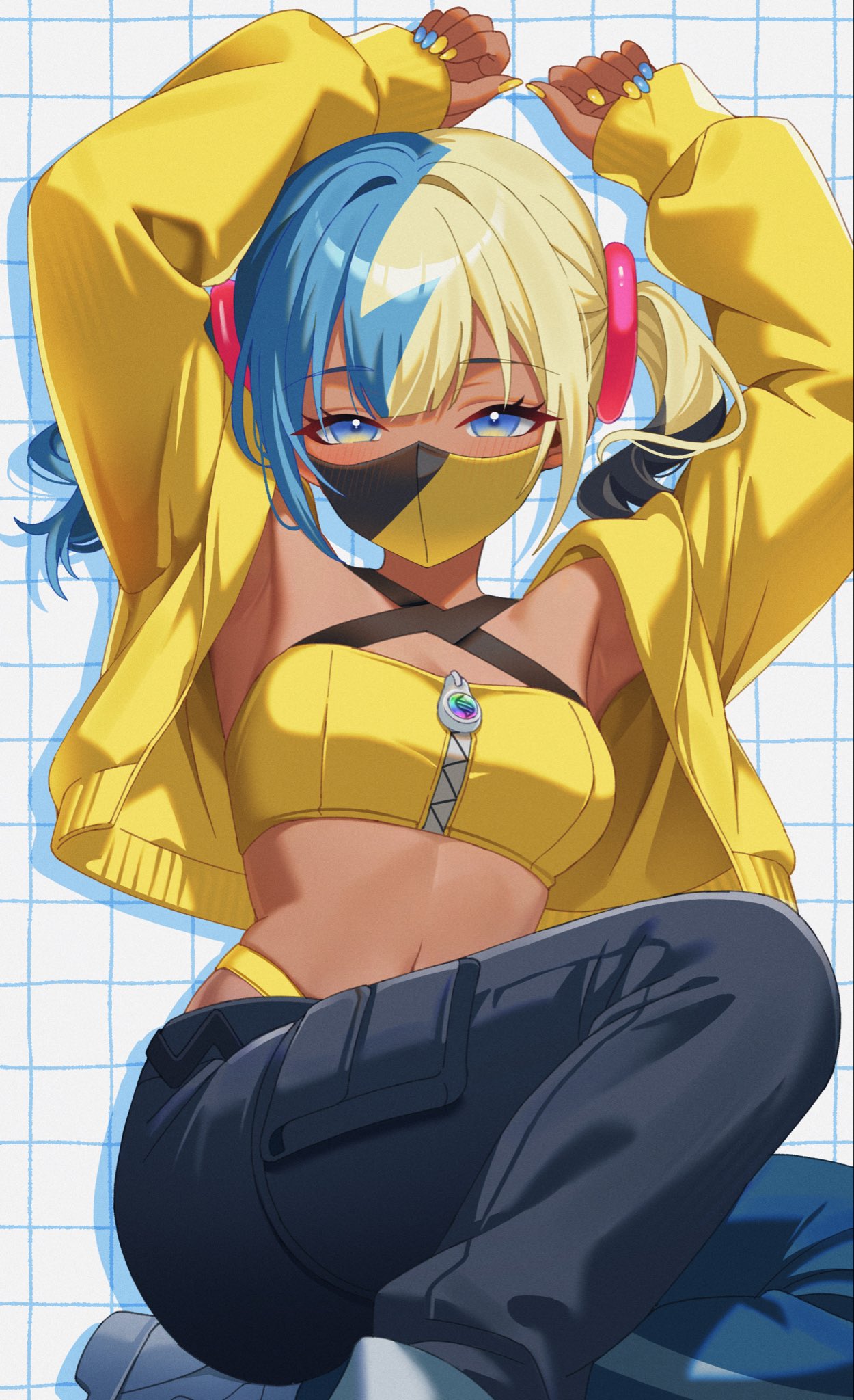 karaage (xxxmido02), canari (pokemon), nintendo, pokemon, pokemon legends: z-a, highres, 1girl, aqua hair, bandeau, black mask, blonde hair, blue eyes, breasts, center-flap bangs, criss-cross straps, dark-skinned female, dark skin, jacket, looking at viewer, mask, mega ring, mega stone, midriff, mouth mask, multicolored hair, nail polish, navel, pants, short twintails, solo, split-color hair, sports bra, twintails, two-tone hair, two-tone mask, two-tone pants, yellow bandeau, yellow jacket, yellow mask, yellow sports bra