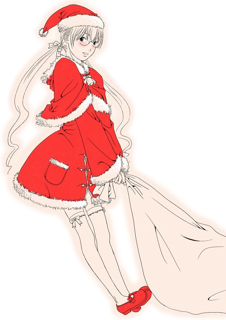 gusu, original, 1girl, christmas, female focus, glasses, hat, monochrome, red theme, sack, santa costume, santa hat, solo, spot color, thighhighs, twintails