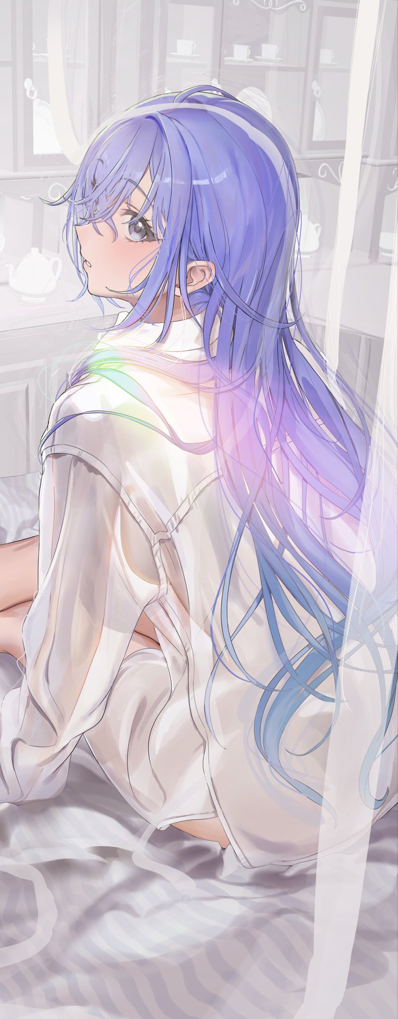 uouokuma, suzuki hana, idolmaster, idolmaster shiny colors, highres, 1girl, bed, bed sheet, breasts, canopy bed, collared shirt, crossed bangs, crossed legs, cup, cupboard, long hair, looking at viewer, looking back, purple hair, saucer, see-through clothes, see-through shirt, shirt, sideboob, sidelocks, sitting, solo, teacup, white shirt
