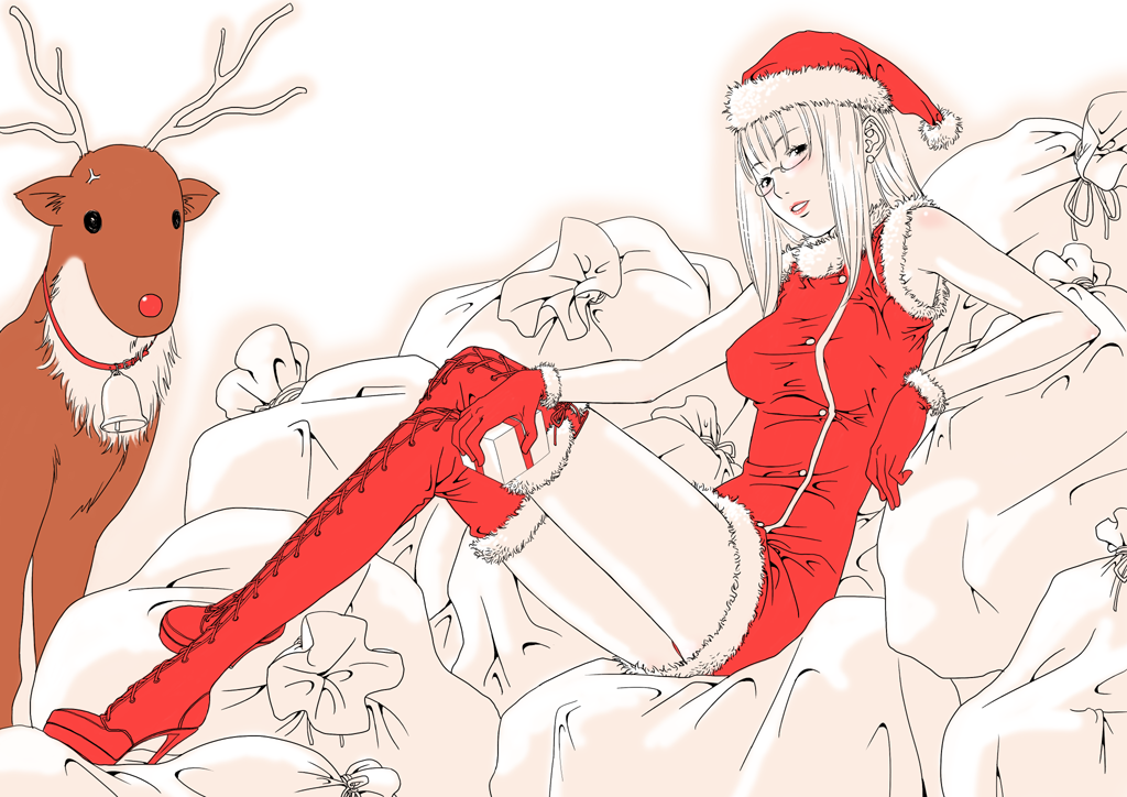 gusu, original, 1girl, armpits, bell, christmas, female focus, glasses, gloves, red gloves, red theme, reindeer, santa costume, solo, spot color, thighhighs