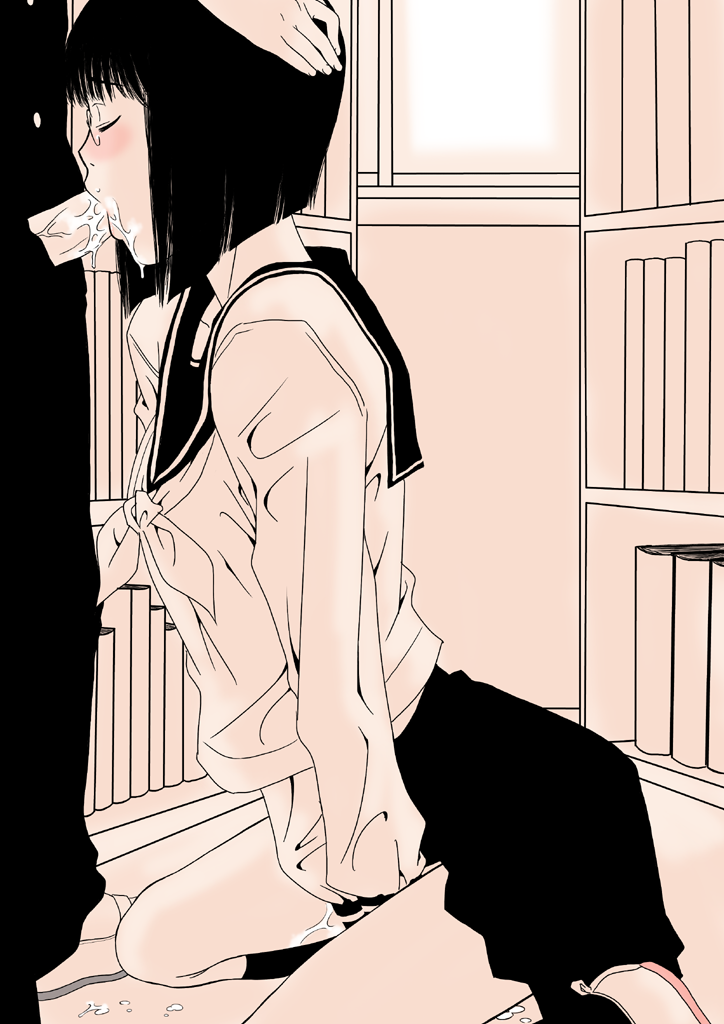 gusu, original, 1boy, 1girl, ass, fellatio, female masturbation, fingering, glasses, hand on another's head, hetero, masturbation, monochrome, oral, penis, pink theme, pussy juice, saliva, school uniform, sepia, serafuku, solo focus, uncensored