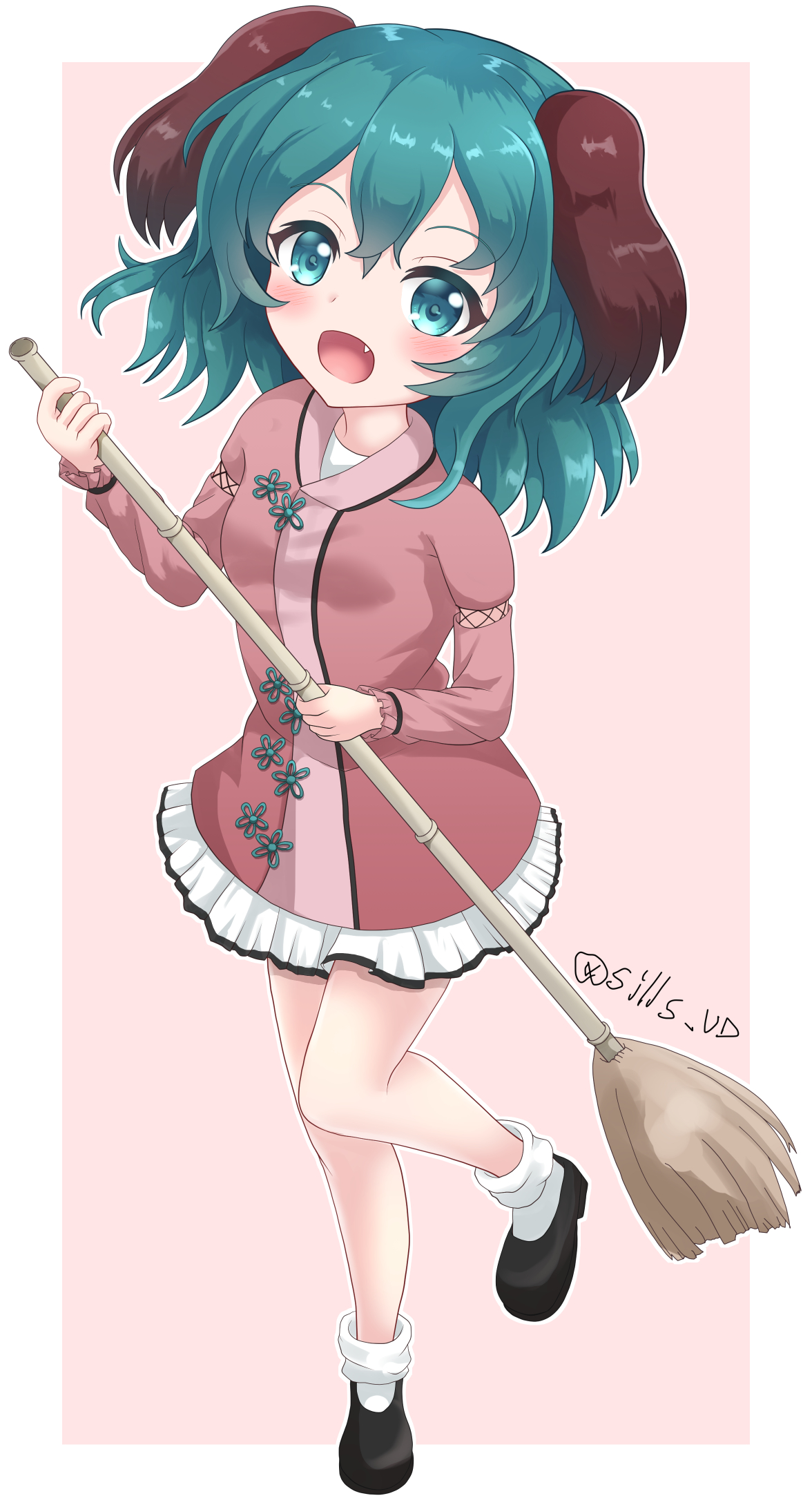 sills, kasodani kyouko, touhou, highres, 1girl, animal ears, broom, dress, fang, full body, green eyes, green hair, holding, holding broom, open mouth, socks, solo, white socks