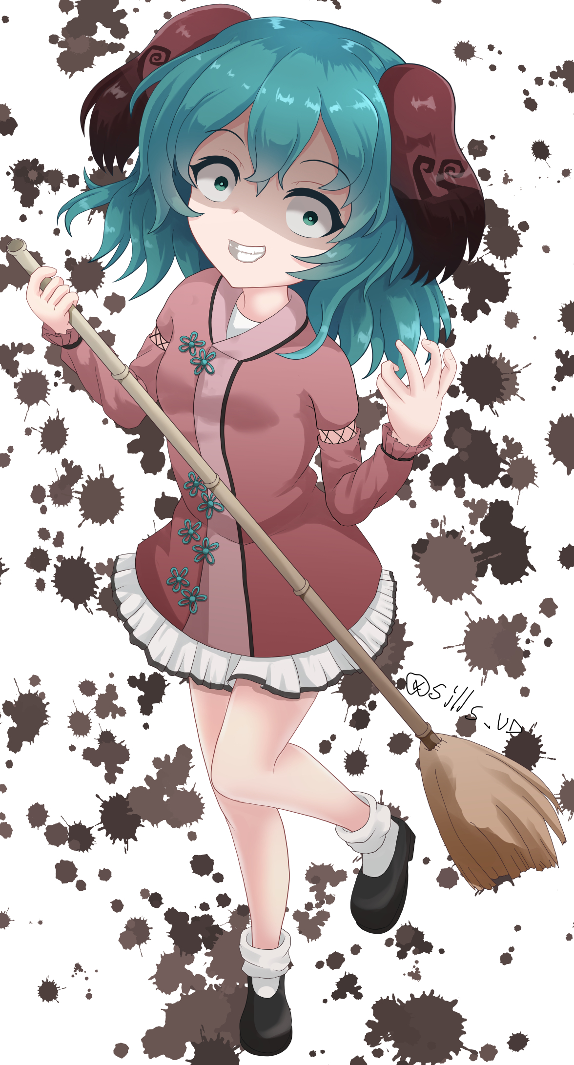 sills, kasodani kyouko, touhou, highres, 1girl, animal ears, broom, dress, full body, green eyes, green hair, long sleeves, smile, solo