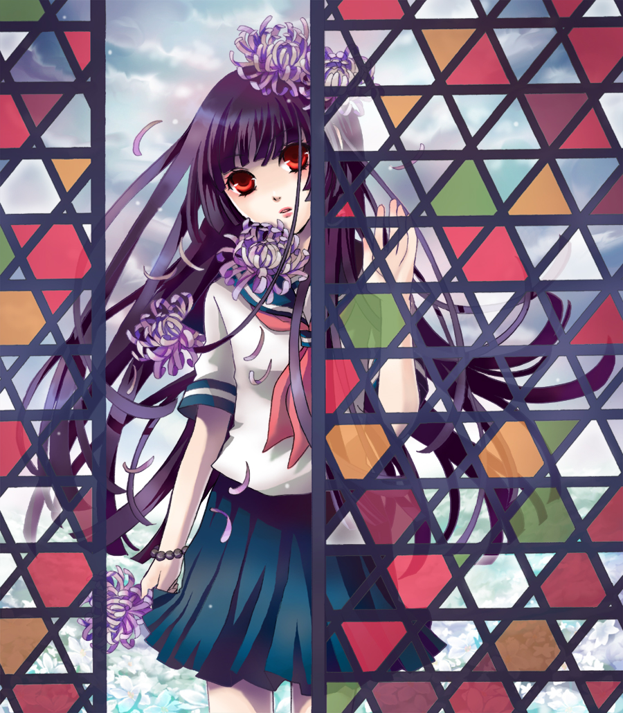 nitou akane, enma ai, jigoku shoujo, bad id, bad pixiv id, 00s, 1girl, :o, black hair, blunt bangs, bracelet, chrysanthemum, cowboy shot, female focus, flower, hair ornament, hime cut, jewelry, lipstick, long hair, looking at viewer, makeup, miniskirt, parted lips, petals, pleated skirt, red eyes, red flower, school uniform, serafuku, skirt, sky, solo, spider lily, standing