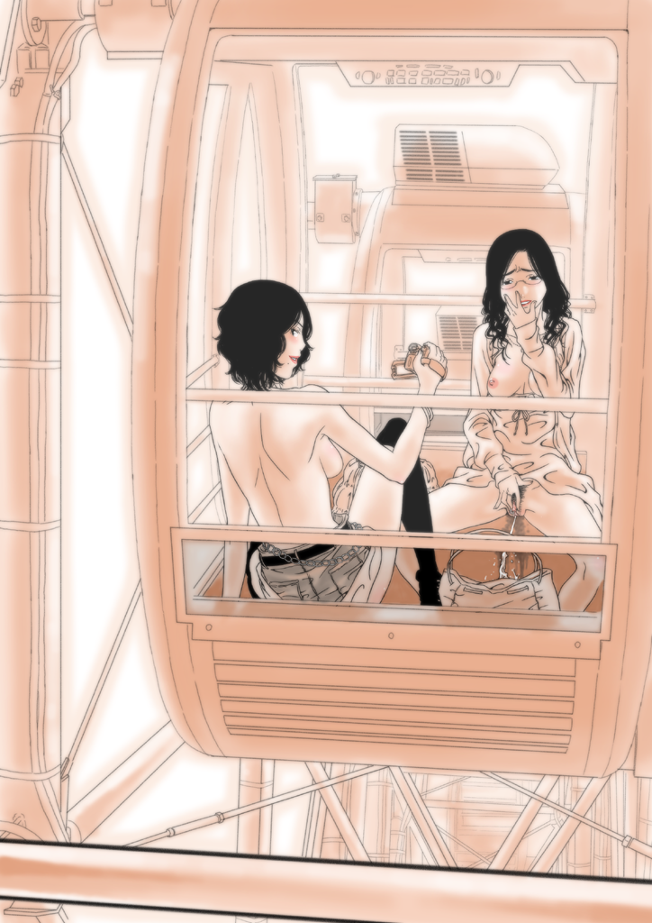 gusu, original, 2girls, back, bottomless, breasts, camcorder, camera, female masturbation, female pubic hair, ferris wheel, ferris wheel interior, from behind, glasses, masturbation, medium breasts, mole, mole under mouth, monochrome, multiple girls, nipples, no panties, pee, peeing, pink theme, pubic hair, public indecency, sepia, spread legs, thighhighs, topless female, uncensored, video camera