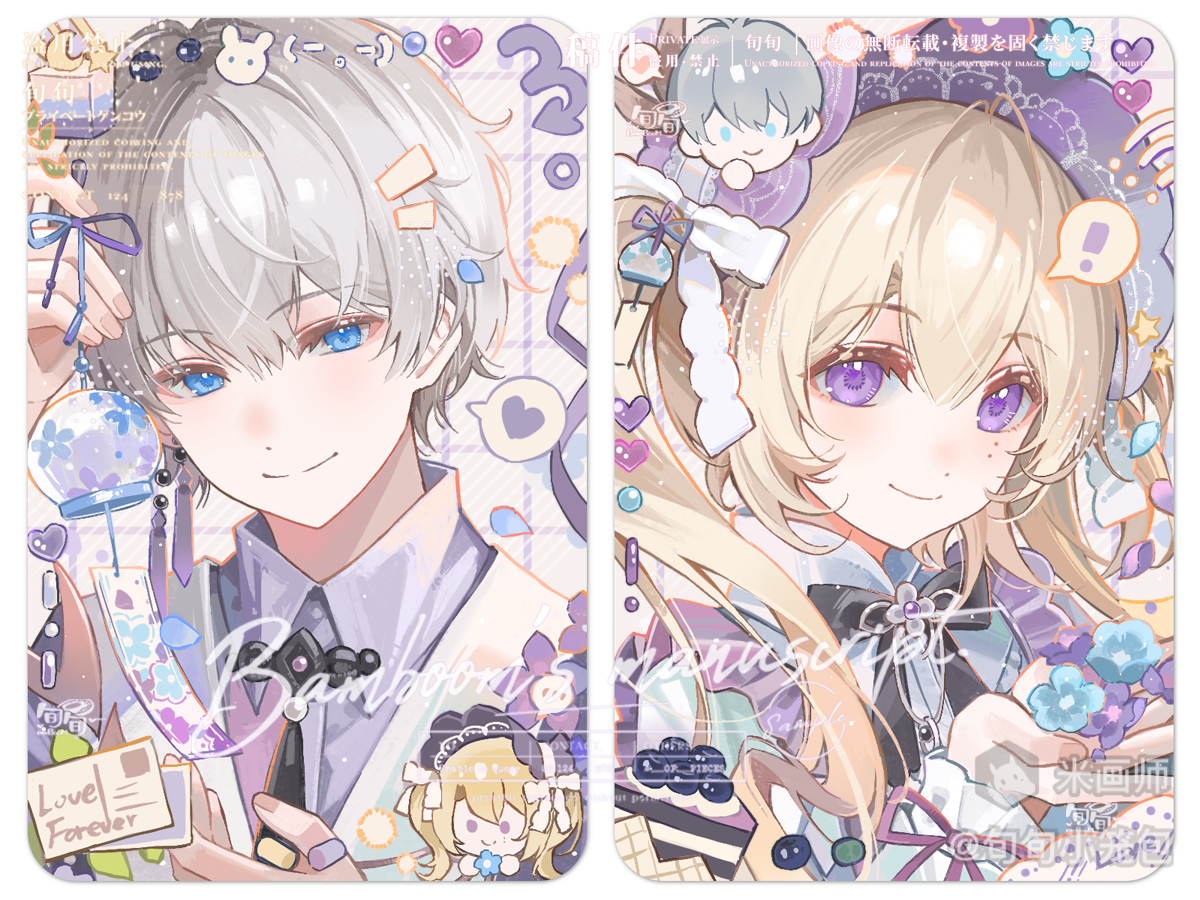 original, !, 1boy, 1girl, black bow, black bowtie, blonde hair, blue eyes, bonnet, border, bow, bowtie, closed mouth, collared shirt, grey hair, hair between eyes, hand up, long hair, mihuashi username, portrait, purple bonnet, purple eyes, shirt, short hair, smile, spoken exclamation mark, watermark, white border, white shirt, xun xun xiaolongbao