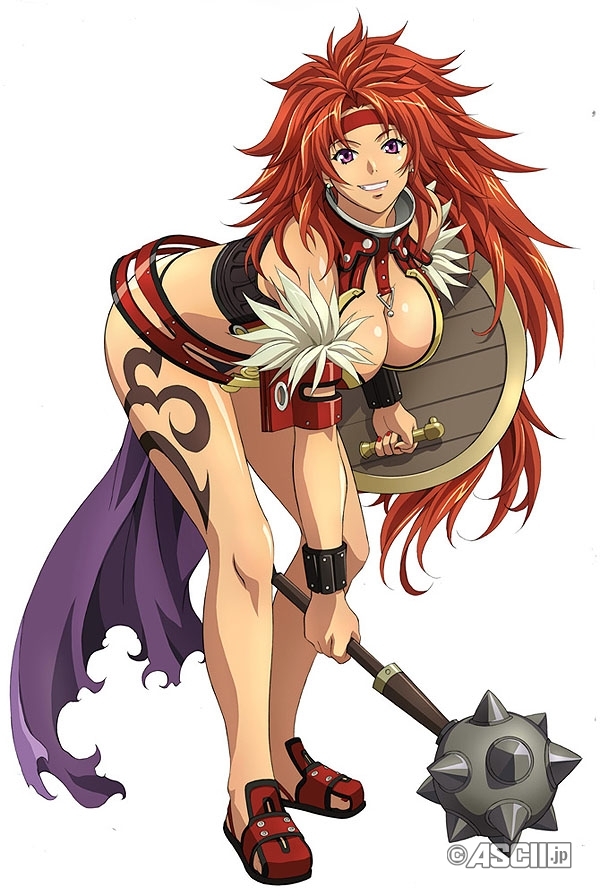 risty (queen's blade), wilderness bandit risty, queen's blade, 00s, 1girl, bent over, breasts, cleavage, female focus, headband, large breasts, long hair, mace, nail polish, purple eyes, red hair, red nails, shield, shoes, smile, solo, weapon