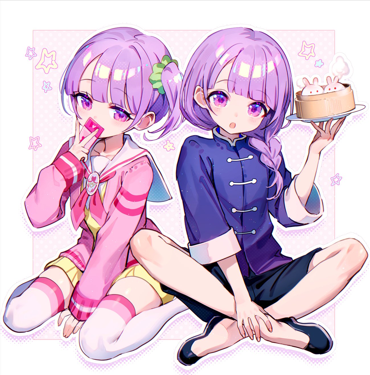 tawan (46okuneeen), manaka non, manaka non (normal), pretty series, pripara, commentary, highres, 1boy, 1girl, :o, between legs, black shoes, black shorts, blue shirt, blunt bangs, braid, card, cardigan, chinese clothes, covering own mouth, dress, food, full body, genderswap, genderswap (ftm), green scrunchie, hair ornament, hair over shoulder, hair scrunchie, half-closed eyes, hand between legs, hand on ground, hand on own ankle, hand up, holding, holding card, holding plate, indian style, long hair, long sleeves, looking at viewer, manaka nonsuke, mandarin collar, neckerchief, open cardigan, open clothes, paprika private academy school uniform, pink cardigan, pink neckerchief, pink thighhighs, plate, purple eyes, purple hair, sailor collar, school uniform, scrunchie, shirt, shoes, short dress, short hair, shorts, sitting, sleeves rolled up, star (symbol), straight hair, tangzhuang, thighhighs, v, wariza, white sailor collar, white thighhighs, wide sleeves, yellow dress, zettai ryouiki