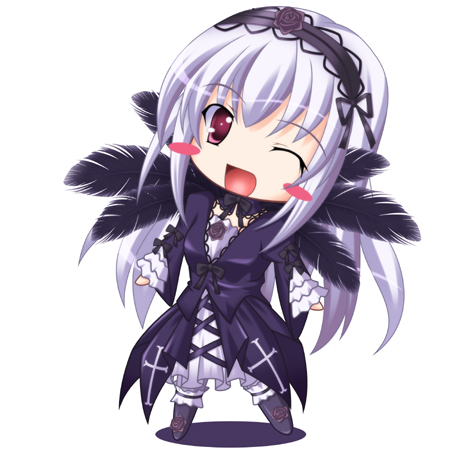 mugen xp, suigintou, rozen maiden, silver hair, lowres, 00s, blush, boots, chibi, dress, frills, hairband, one eye closed, purple eyes, smile, solo, wings, wink