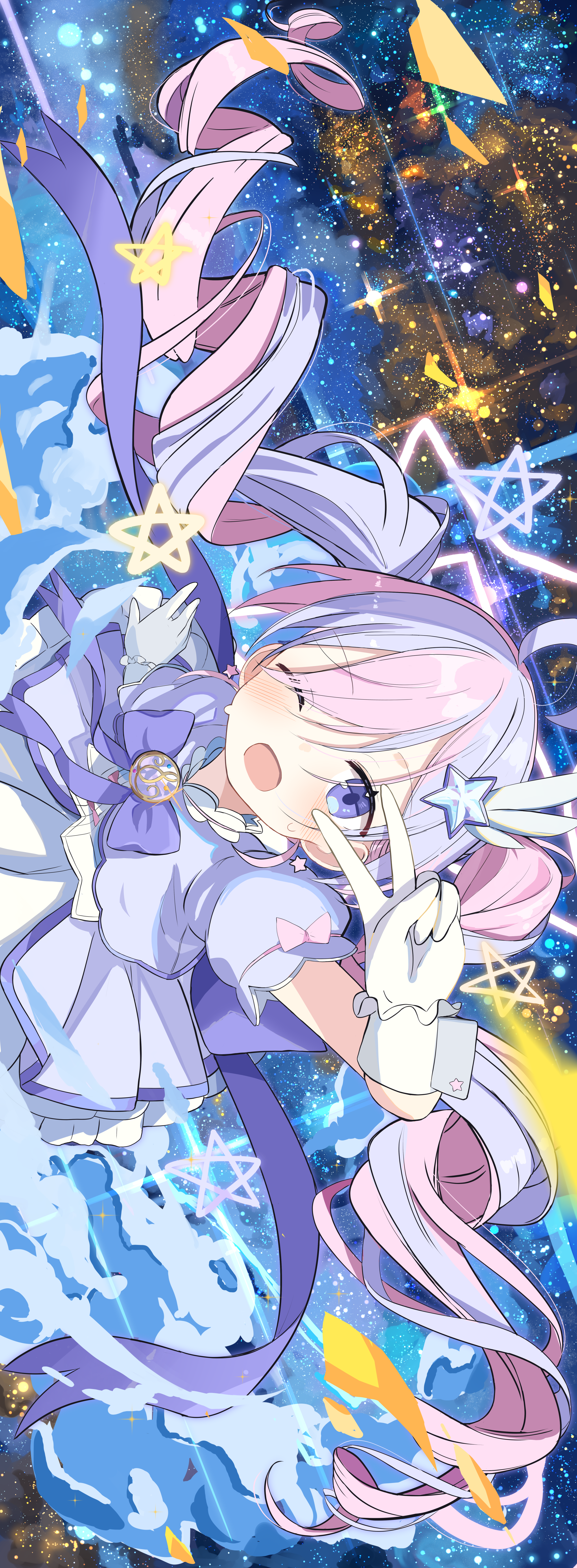 force (fossan 01), reisa (blue archive), reisa (magical) (blue archive), blue archive, absurdres, highres, 1girl, ;), ;d, blue eyes, drill hair, floating hair, frilled gloves, frills, gloves, hair ornament, jacket, long hair, looking at viewer, magical girl, multicolored hair, official alternate costume, one eye closed, open mouth, pink hair, puffy short sleeves, puffy sleeves, purple hair, purple jacket, purple skirt, shirt, short-sleeved jacket, short sleeves, sideways, skirt, smile, solo, star (symbol), star hair ornament, streaked hair, twin drills, two-tone hair, v, v over eye, very long hair, white gloves, white shirt, white wrist cuffs, wrist cuffs