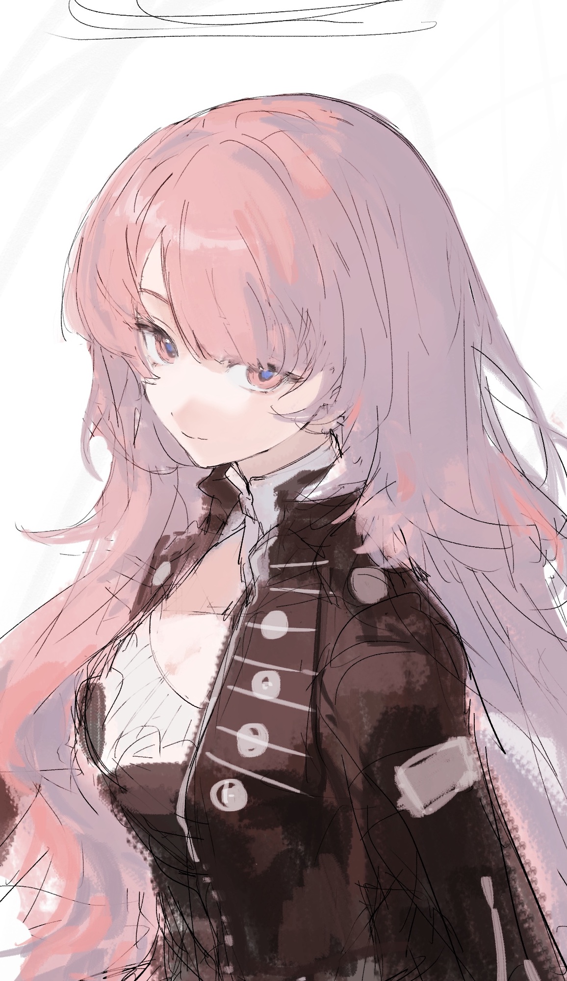 koba (jdhikdjdkfiwufh), lemuen (arknights), arknights, highres, 1girl, black jacket, breasts, closed mouth, jacket, long hair, looking at viewer, medium breasts, pink eyes, pink hair, simple background, smile, solo, upper body, white background