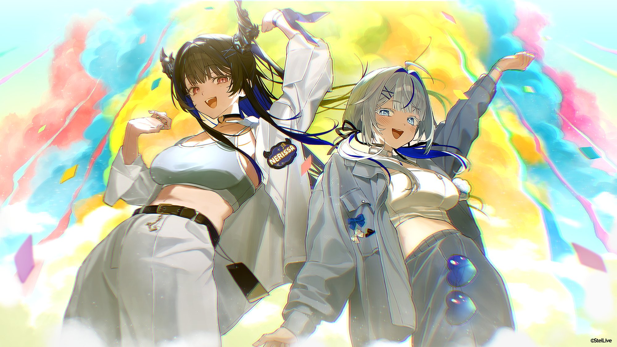 planetzer 0, aokumo rin, nerissa ravencroft, hololive, hololive english, stellive, bilingual commentary, commentary, english commentary, highres, korean commentary, mixed-language commentary, official art, 2girls, :d, ahoge, arm up, asymmetrical horns, belt, black belt, black choker, black hair, blue eyes, blue hair, breasts, choker, colored inner hair, confetti, copyright name, cropped shirt, eyewear hang, flower, grey hair, grey jacket, grey pants, grey sports bra, hair intakes, hair ornament, heart, heart o-ring, horn flower, horns, jacket, large breasts, looking at viewer, low twintails, medium breasts, midriff, mole, mole under eye, multicolored hair, multiple girls, navel, o-ring, o-ring choker, open mouth, pants, shirt, sidelocks, smile, sports bra, streaked hair, teeth, twintails, uneven horns, unworn eyewear, upper teeth only, virtual youtuber, white choker, white jacket, white pants, white shirt, x hair ornament