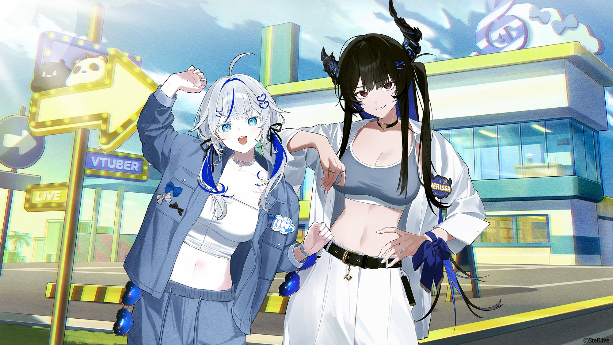 planetzer 0, aokumo rin, nerissa ravencroft, hololive, hololive english, stellive, bilingual commentary, commentary, english commentary, highres, korean commentary, mixed-language commentary, official art, 2girls, :d, ahoge, arm on another's shoulder, arm up, asymmetrical horns, belt, black belt, black choker, black hair, blue eyes, blue hair, blue sky, breasts, choker, colored inner hair, copyright name, cropped shirt, day, eyewear hang, flower, grey hair, grey jacket, grey pants, grey sports bra, grin, hair intakes, hair ornament, hairclip, hand on own hip, heart, heart hair ornament, heart o-ring, horn flower, horns, jacket, large breasts, looking at viewer, low twintails, medium breasts, midriff, mole, mole under eye, multicolored hair, multiple girls, navel, o-ring, o-ring choker, open mouth, outdoors, pants, shirt, sidelocks, sky, smile, sports bra, streaked hair, twintails, uneven horns, unworn eyewear, virtual youtuber, white jacket, white pants, white shirt, x hair ornament