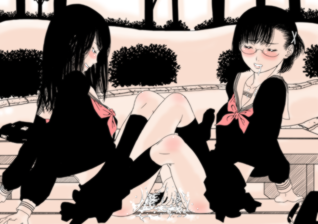 gusu, original, 2girls, clothed sex, dildo, double dildo, glasses, hair ornament, hairclip, kneehighs, multiple girls, object insertion, outdoors, pink theme, plant, pussy juice, saliva, school uniform, sepia, sex, sex toy, shared object insertion, sitting, socks, vaginal, vaginal object insertion, yuri