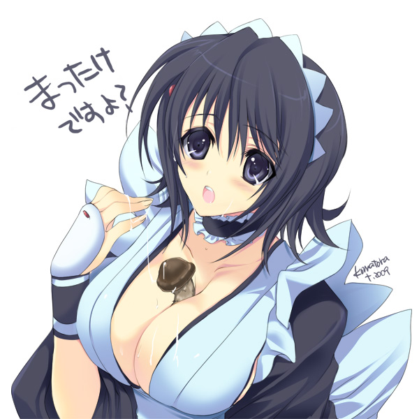 iroha (samurai spirits), samurai spirits, 1girl, between breasts, black hair, blue eyes, breasts, choker, cleavage, female focus, flipped hair, large breasts, maid, maid headdress, mushroom, sexually suggestive, short hair, solo