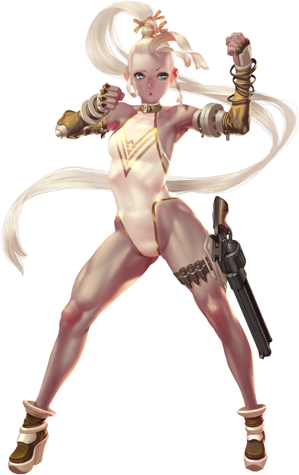 crystal maiden (series), artist request, bad source, game cg, highres, official art, third-party source, variant set, 1girl, :o, armpits, bare legs, bare shoulders, blue eyes, breasts, bullet, clenched hands, detached sleeves, forehead, full body, groin, gun, handgun, long hair, looking to the side, mercy (crystal maidens), ponytail, revolver, solo, thigh strap, transparent background, weapon, white hair