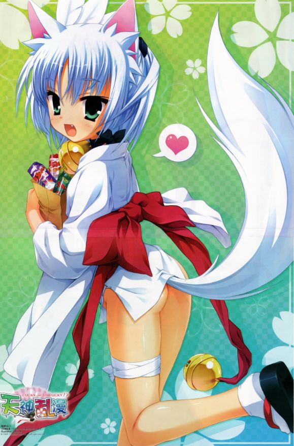 muririn, rindou ruri, tenshinranman, 1girl, animal ears, ass, bell, blue hair, collar, copyright name, fang, female focus, green background, green eyes, japanese clothes, jingle bell, loli, neck bell, short hair, solo, tail, white hair