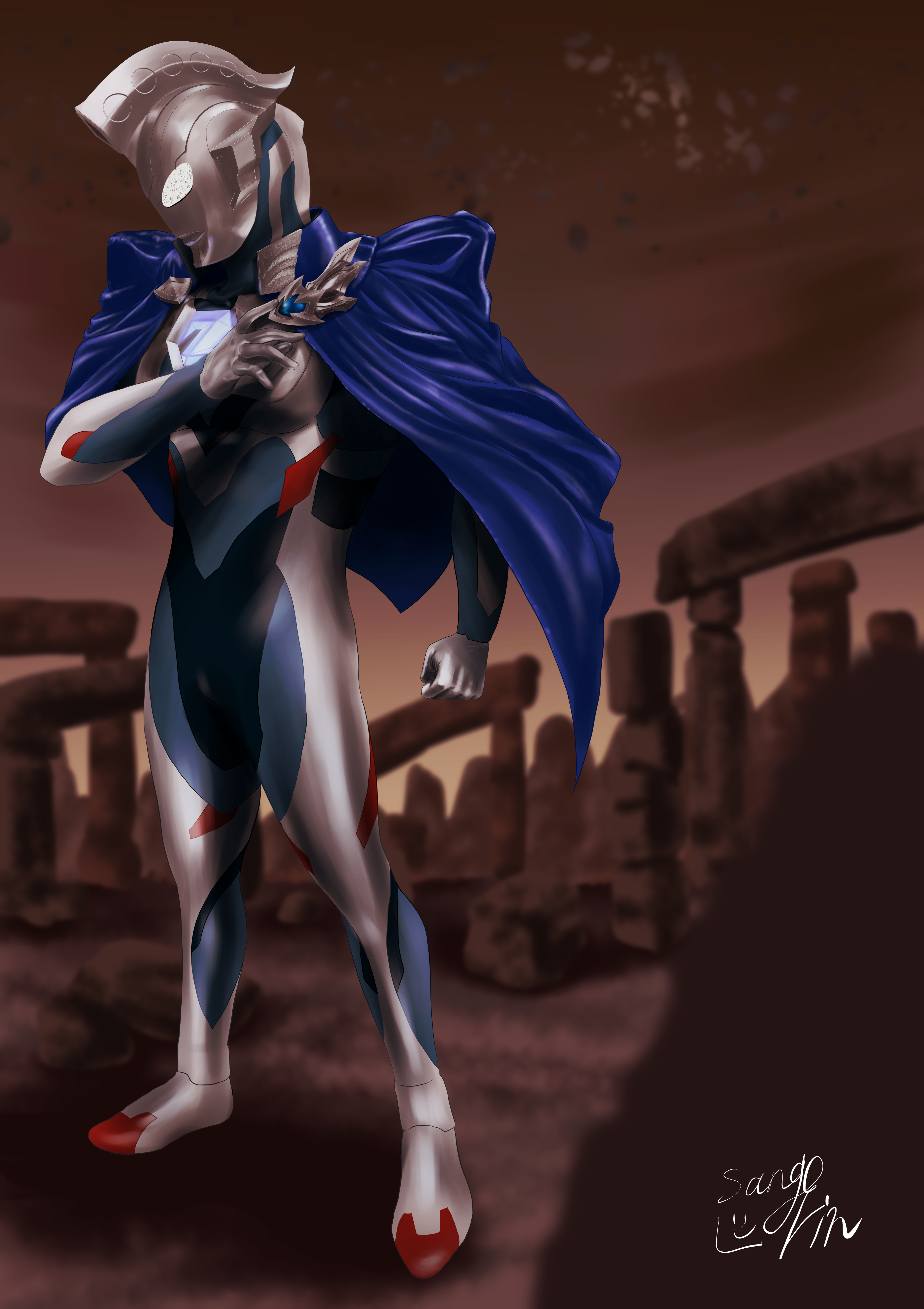 ultraman z, ultraman z (original), tokusatsu, ultra series, ultraman z (series), absurdres, commentary, highres, 1boy, alien, armor, artist name, black skin, blue cape, blue skin, blurry, blurry background, breastplate, brooch, brown sky, cape, clenched hand, color timer, colored skin, compound eyes, dorsal fin, full body, giant, giant male, glowing, glowing eyes, hand up, jewelry, legs apart, looking down, male focus, multicolored skin, no pupils, outdoors, pectorals, red skin, ruins, shining gold montblanc, signature, silver skin, solo, standing, toned, toned male, white eyes