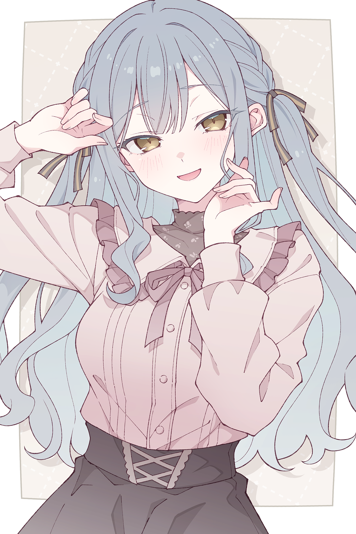 e20, togawa sakiko, bang dream!, bang dream! it's mygo!!!!!, commentary, highres, 1girl, black ribbon, black skirt, blue hair, blush, border, braid, dress shirt, frilled shirt, frills, hair ribbon, hands up, long hair, long sleeves, looking at viewer, open mouth, outside border, pink ribbon, pink shirt, ribbon, shirt, shirt tucked in, side braids, sidelocks, skirt, solo, two side up, white border, yellow eyes