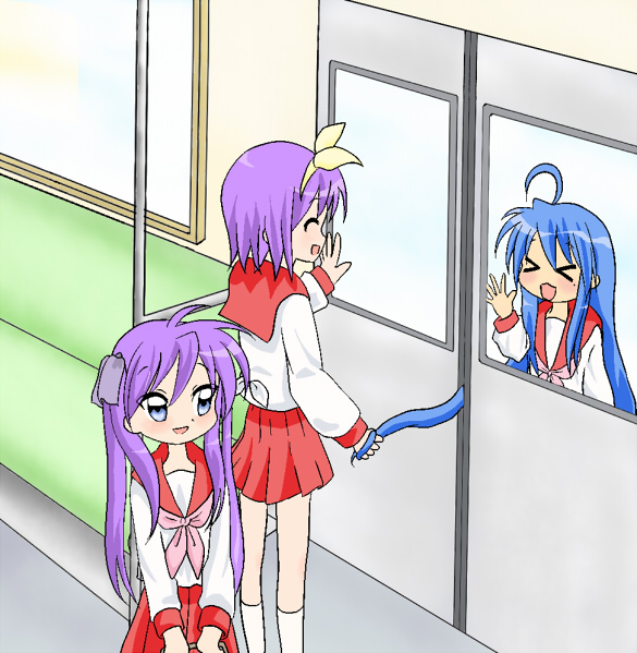 hiiragi kagami, hiiragi tsukasa, izumi konata, lucky star, > <, 00s, 3girls, bad anatomy, mole, mole under eye, multiple girls, poorly drawn, sisters, standing, twins, twintails