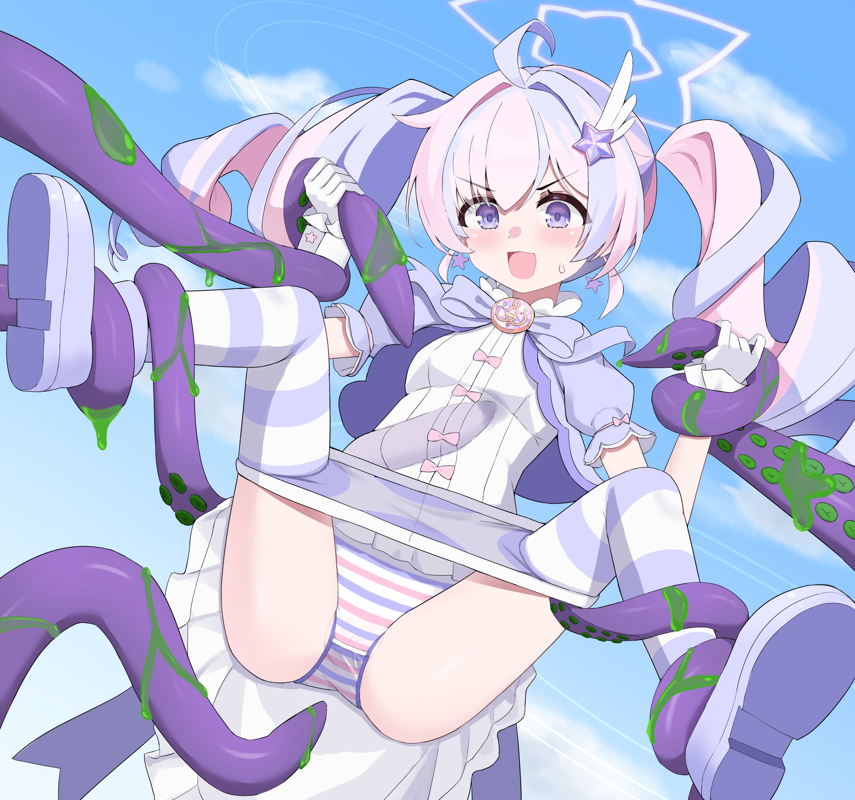 uro kohara, reisa (blue archive), blue archive, absurdres, highres, 1girl, ahoge, breasts, gloves, hair ornament, halo, multicolored hair, open mouth, pan-chan (blue archive), panties, pink hair, purple eyes, small breasts, solo, star (symbol), star hair ornament, streaked hair, striped clothes, striped panties, tentacles, thighhighs, twintails, two-tone hair, underwear, white gloves